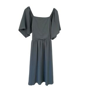 ROOLEE Square Neck Flutter Sleeve Smocked Waist Midi Dress Blue Medium